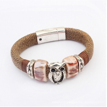 China wholesale leather Magnetic owl vintage bracelets jewelry fashion 2015